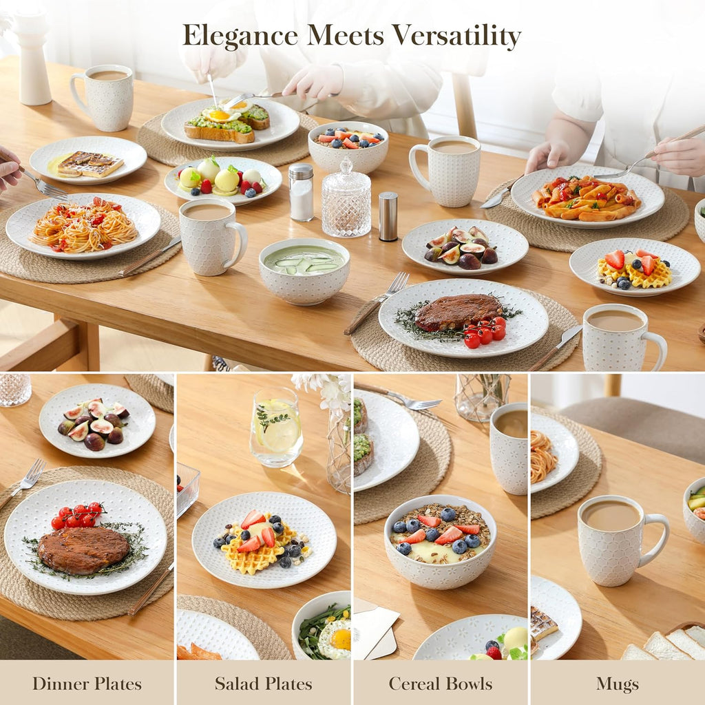16 Pieces Dinnerware Sets, Modern Relief Design Plates and Bowls Sets, White Dish Set for 4