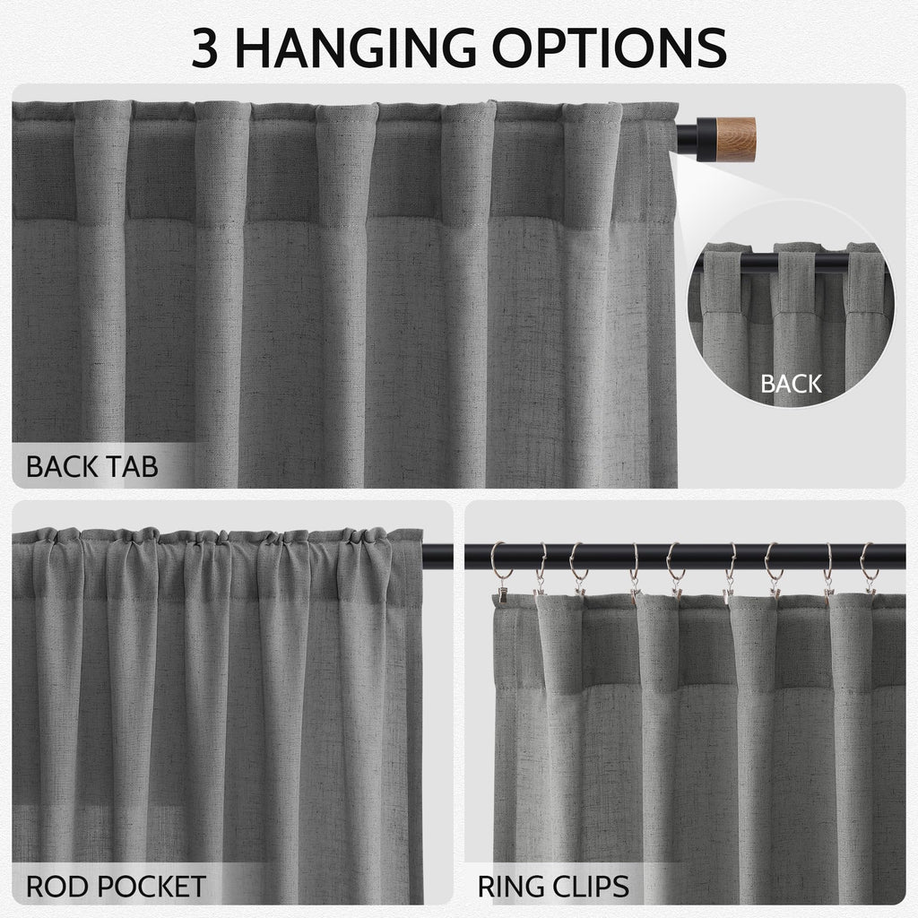 Blazer Grey Curtains Linen Blend Light Filtering Back Tab Curtain 84 Inches Long, Semi Sheer Privacy Drapes, Simple