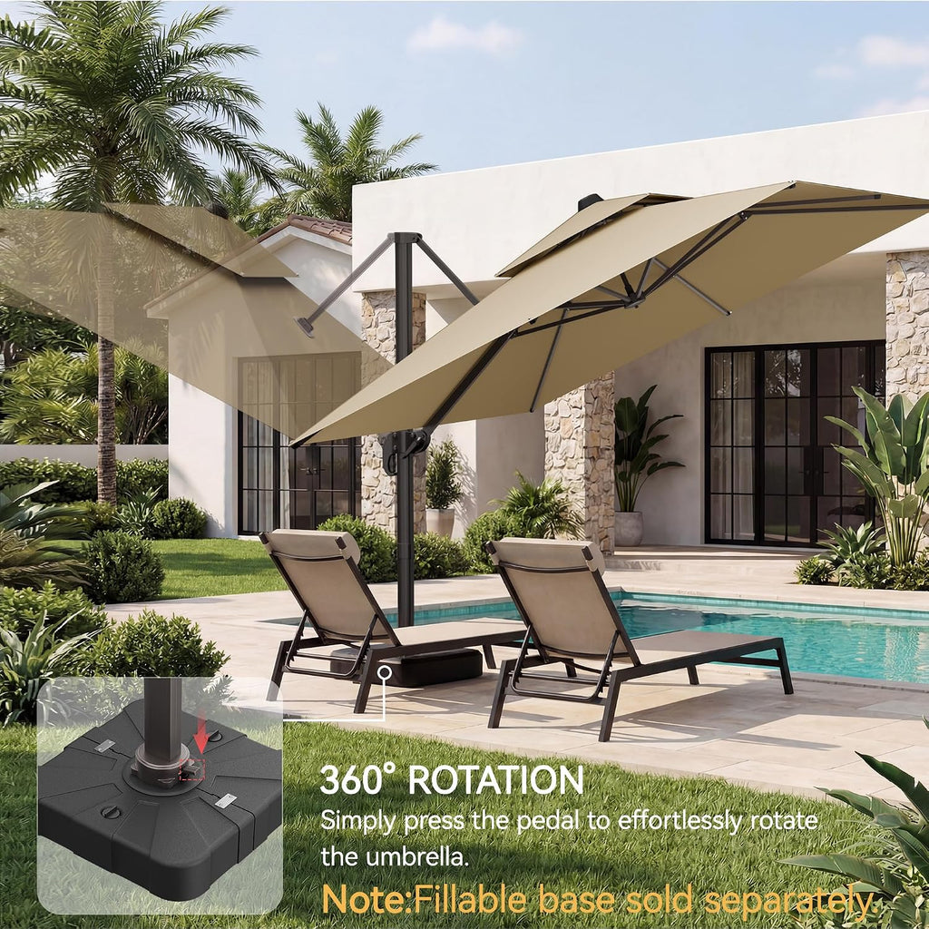 10x10 FT Patio Umbrella, Large Cantilever Double Top Heavy Duty Offset Umbrellas with 360° Rotation