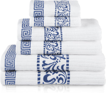 6-Piece Cotton Towel Set, Decorative Greek Pattern, Home Essentials, Absorbent Towels, Bathroom Decor, Spa, Resort