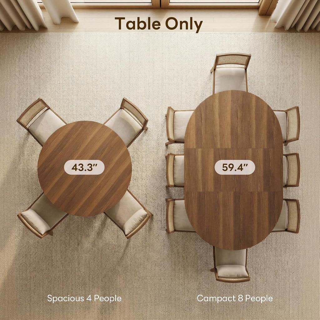 43"-59" Extendable Round Dining Table for 4-8, Transformer Oval Dining Room Table with Removable Leaves Space Saving