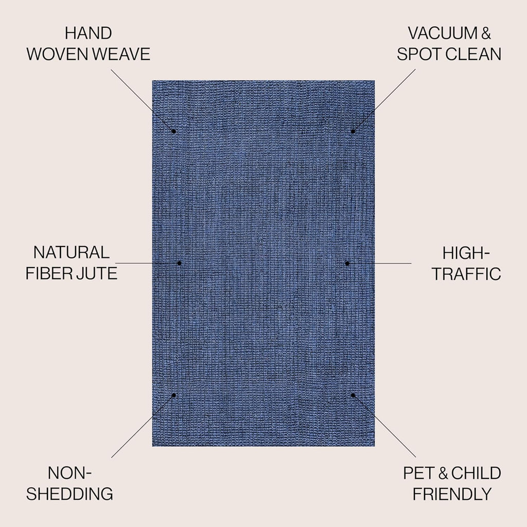 Pata Hand Woven Chunky Jute Navy Area Rug, 9x12, Bohemian, Rustic, Cottage, Easy-Cleaning