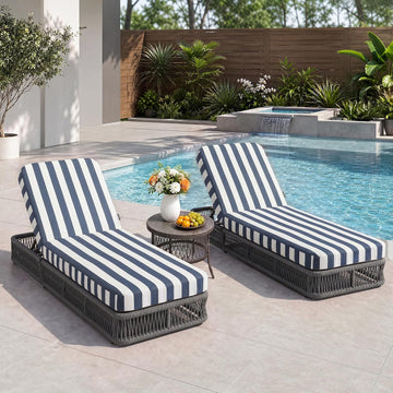 Outdoor Chaise Lounge Chair Set of 2, 5-Position Adjustable Backrest, All-Weather Grey Woven Rope Recliner