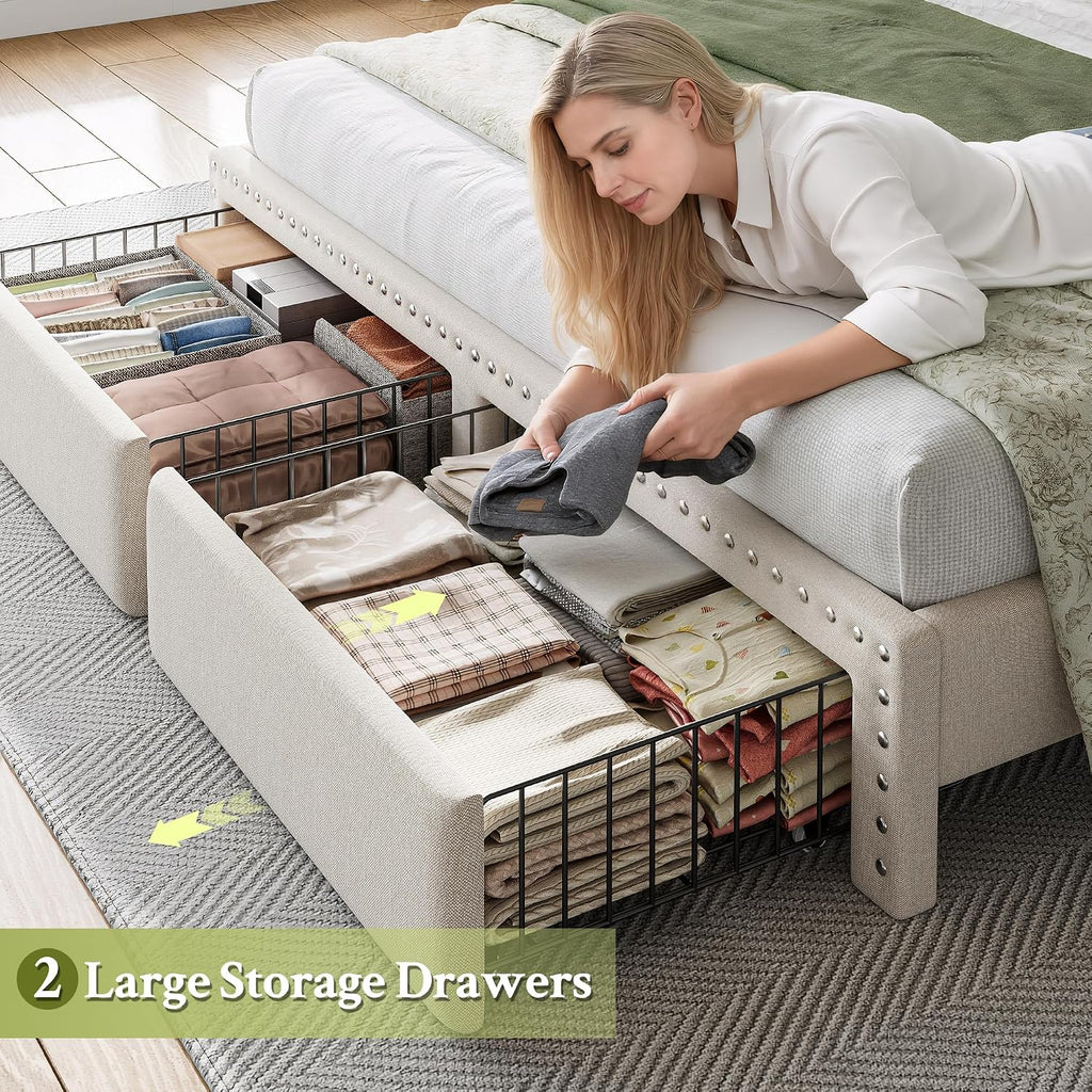 Queen Bed Frame, Upholstered Queen Bed Frame with 2 Storage Drawers and 2-Tier Headboard