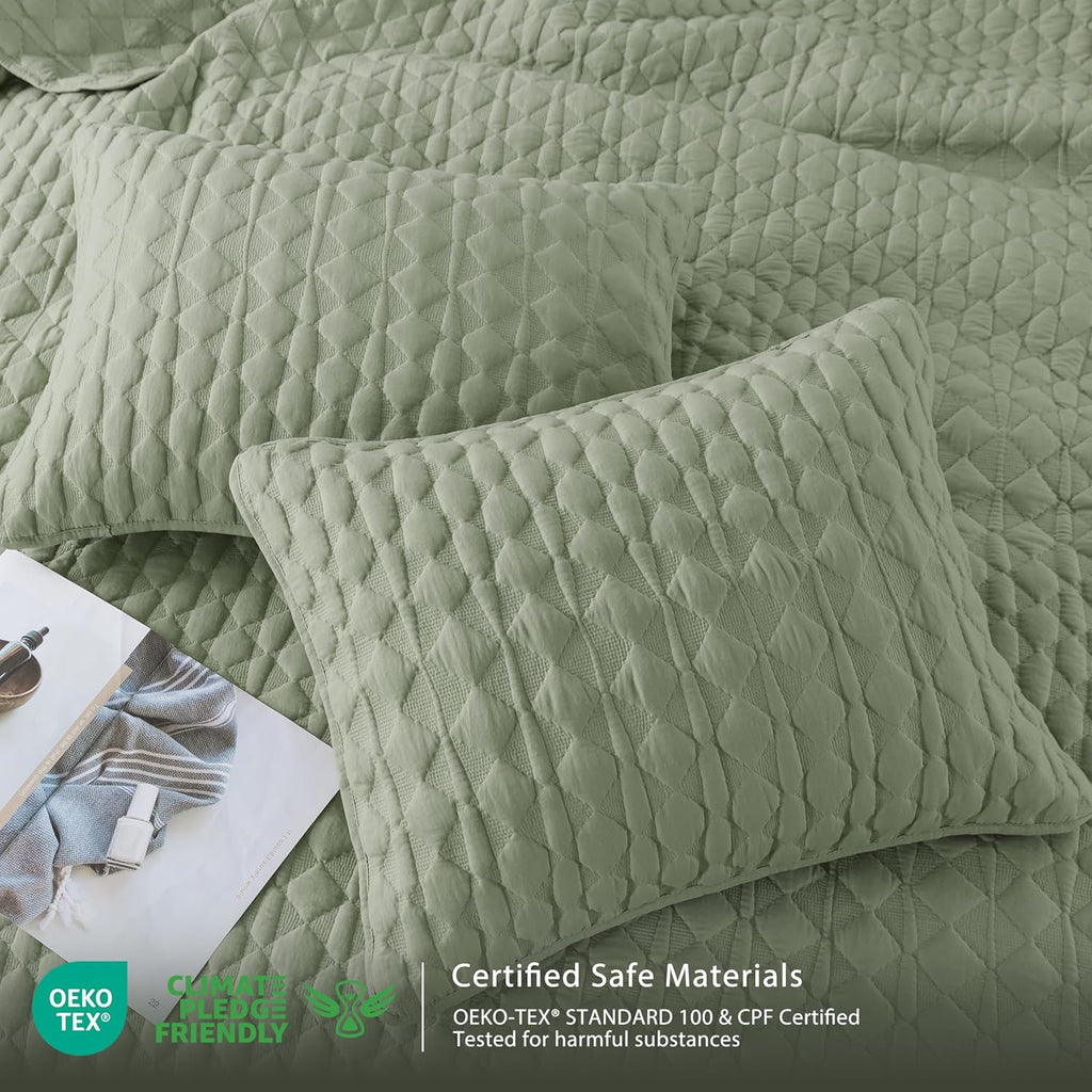 Sage Green Quilt Bedding Sets with Pillow Shams, Lightweight Soft Bedspread Coverlet, Quilted Blanket Thin