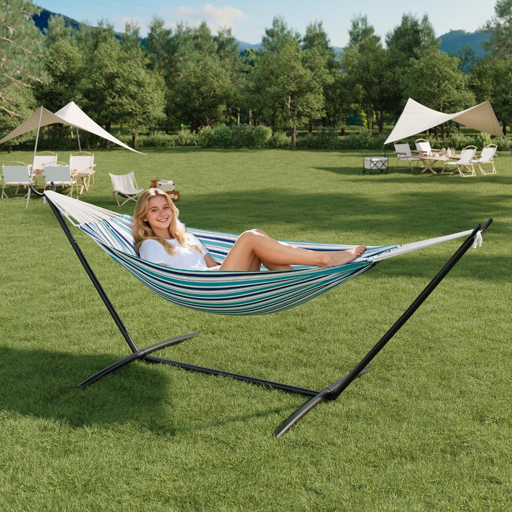 2 Person Double Hammock with Stand Foldable, 450Lbs Capacity, Double Hammocks Portable with Carrying Bag, Thick Rope