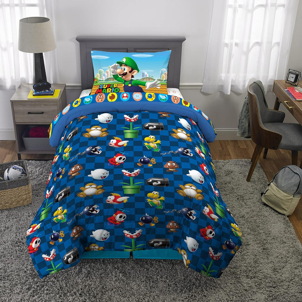 Super Mario Kids Bedding, 4 Piece Super Soft Cozy Reversible Comforter and Sheet Set, (Officially Licensed Product)