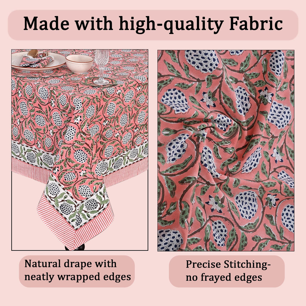 Dark Salmon Pink Hand Block Print Square Tablecloth 60x60 Inch