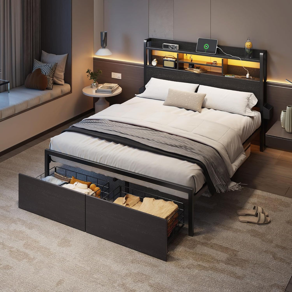 Full Bed Frame with Wood Headboard, Metal Platform Bed Frame Full with 2 Storage Drawers and Shelf