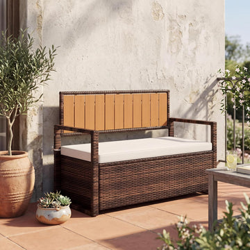 Outdoor Storage Bench with Cushion, 2-Seater PE Rattan Storage Box with Backrest & Armrests, 75 Gallon, 400 lbs