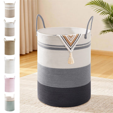 58L Tall Cotton Rope Laundry Basket with Handles, Grey Striped