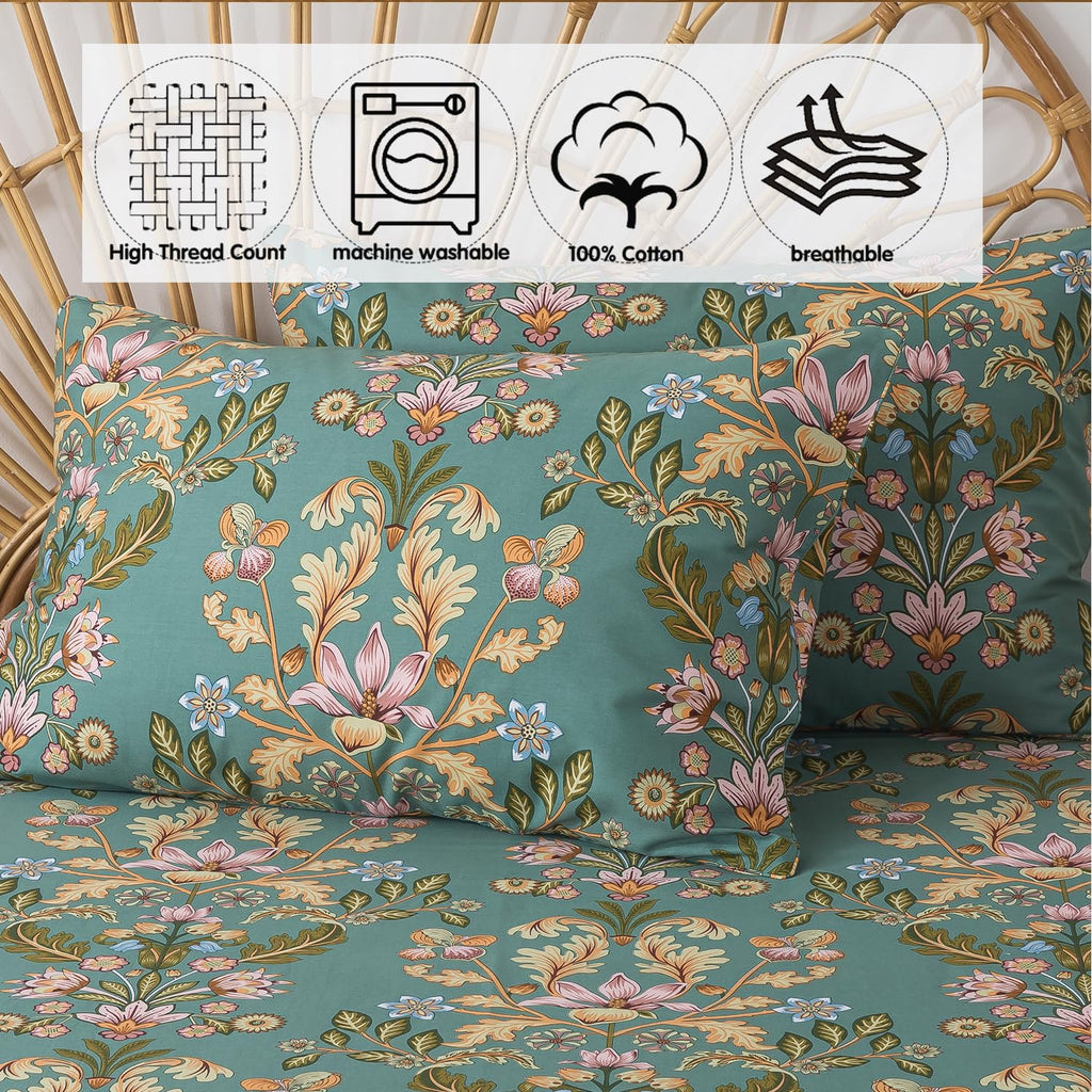 Full Sheet Set, Floral Sheets 4-Piece 100% Percale Cotton Bed Sheets Deep Pocket Fitted Sheet, Boho Vintage Teal Blue
