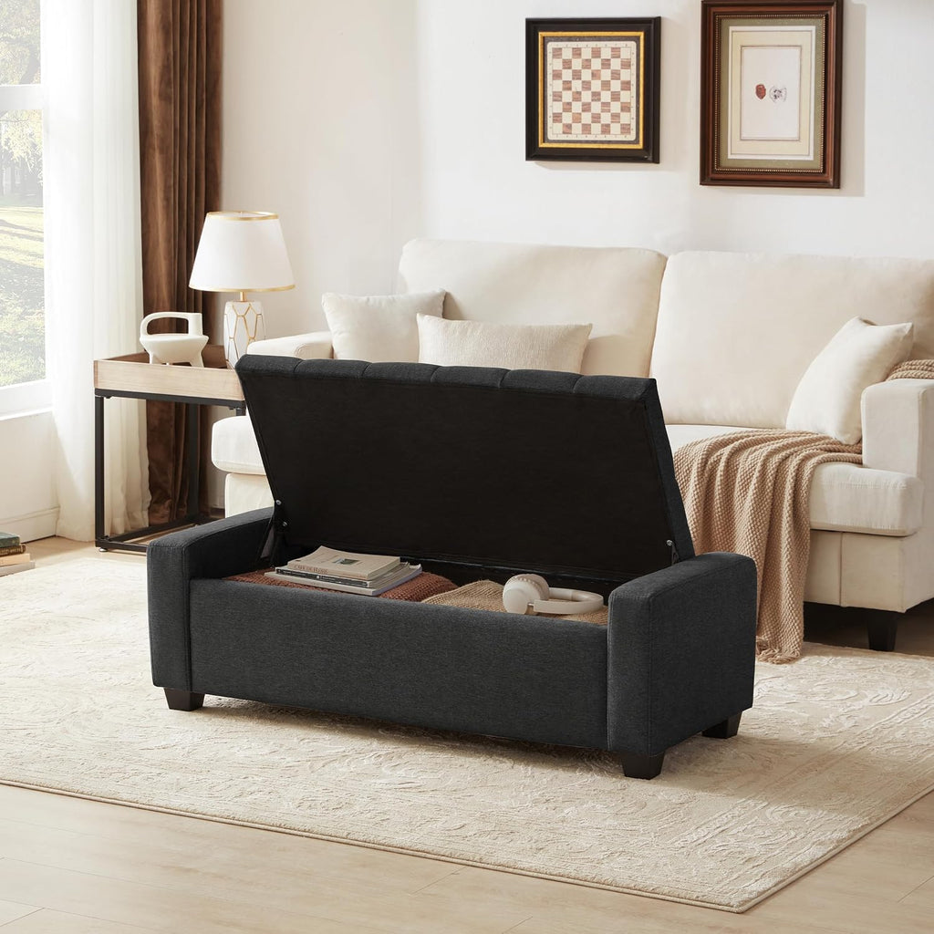 48" Ottoman with Storage, Dark Gray Storage Ottoman Bench | Upholstered Entryway Bench with Seating , Holds up to 330