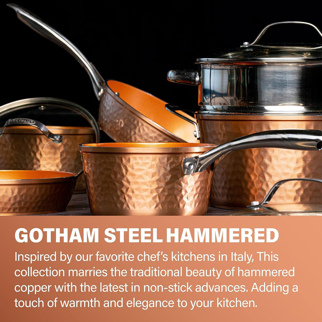 Hammered 15Pc Pots and Pans Set Non Stick Ceramic Cookware Set | Full Bakeware Set and Steamer Included, Induction