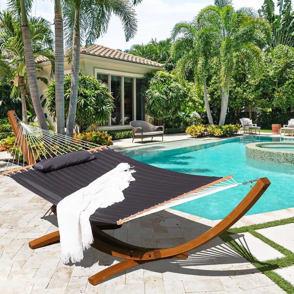 12 FT Double Quilted Fabric Hammock and 13 FT Brown Wood Arc Stand, with Spreader Bar, Removable Pillow, 2 Person