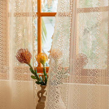Beige Boho Lace Curtains 84 inches Long, Crochet Macrame Bohemian Drape Farmhouse Vintage Chic Tassels, Cream Sheer
