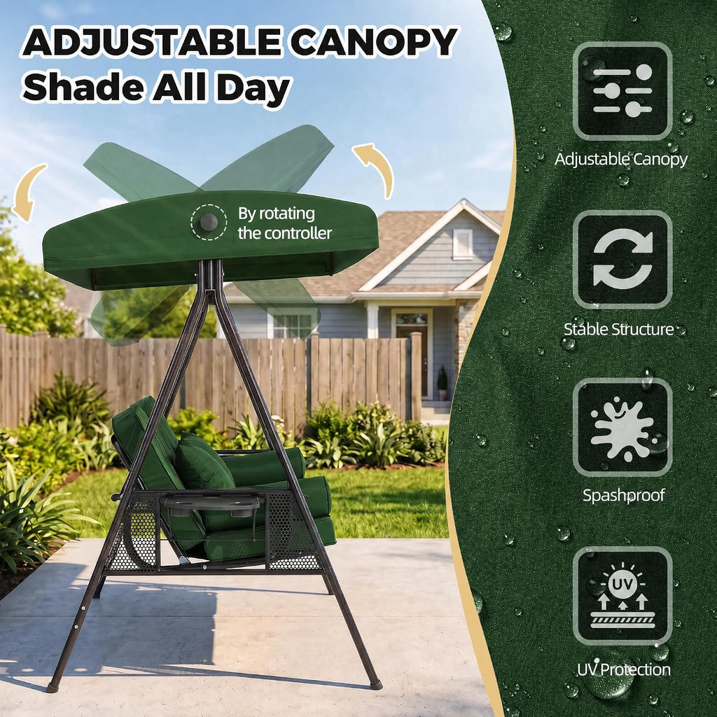3 Person Patio Swing with Stand,3-in-1 Convertible Swing Bed,Adjustable Canopy,3.6" Thick Cushions,Side