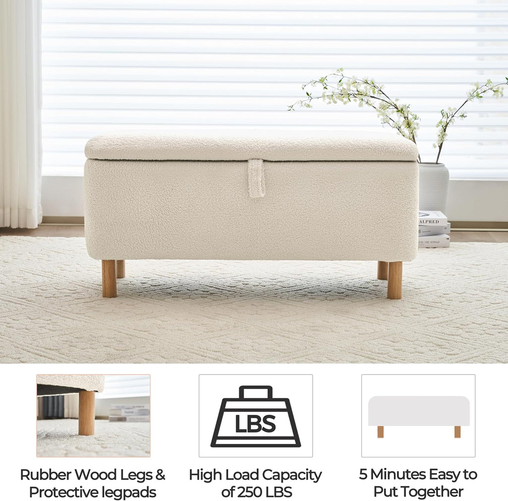Boucle Storage Ottoman Bench end of Bed, Sherpa Upholstered Shoe Seat Storage Bench Bed Foot, Rectangle Cushion