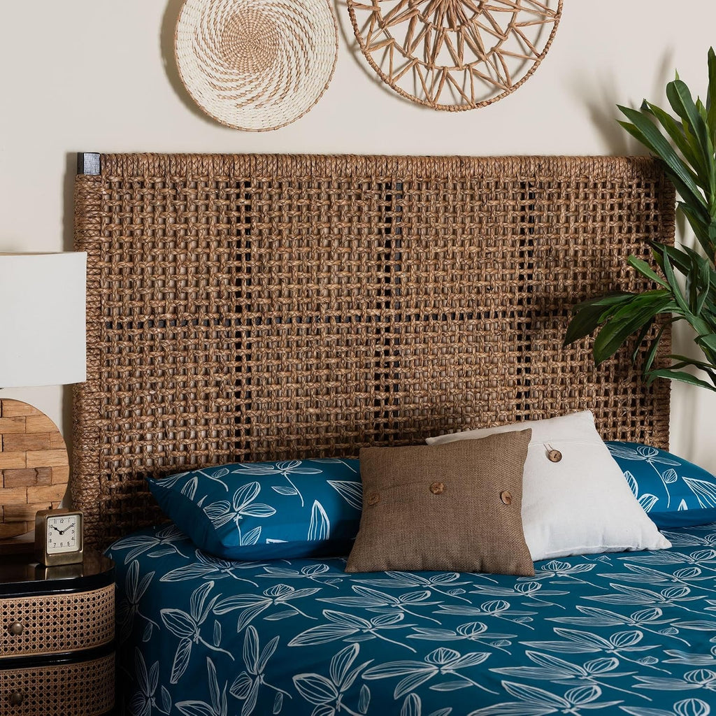 Seagrass and Dark Brown Mahogany Wood King Headboard