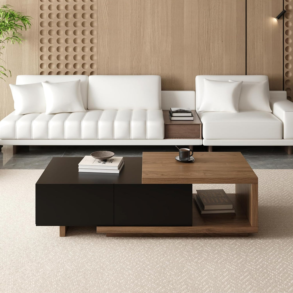 Extendable Coffee Table, 47"-69" Expandable Walnut Coffee Table with 2 Drawers