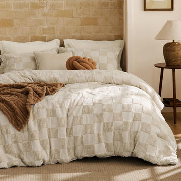 Comforter Set Beige, Boho Tufted Bed Set, Checkered Farmhouse Shabby Chic Bedding, 3 Pieces