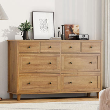 Dresser 8 Drawer Wood Dresser 56.3" Wide, Large Storage Chest of Drawers , Modern TV Stand Drawer Organizer, Natural