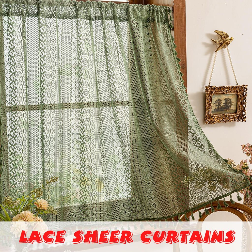 Olive Green Boho Window Curtains Valance 18 inches Long 2 Panels, Farmhouse Lace Sheer Closet Decor Crochet Privacy