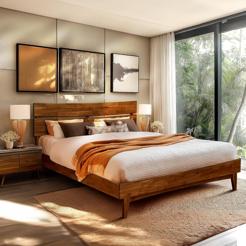 Aurora Solid Wood Queen Platform Bed Frame with Headboard, Walnut