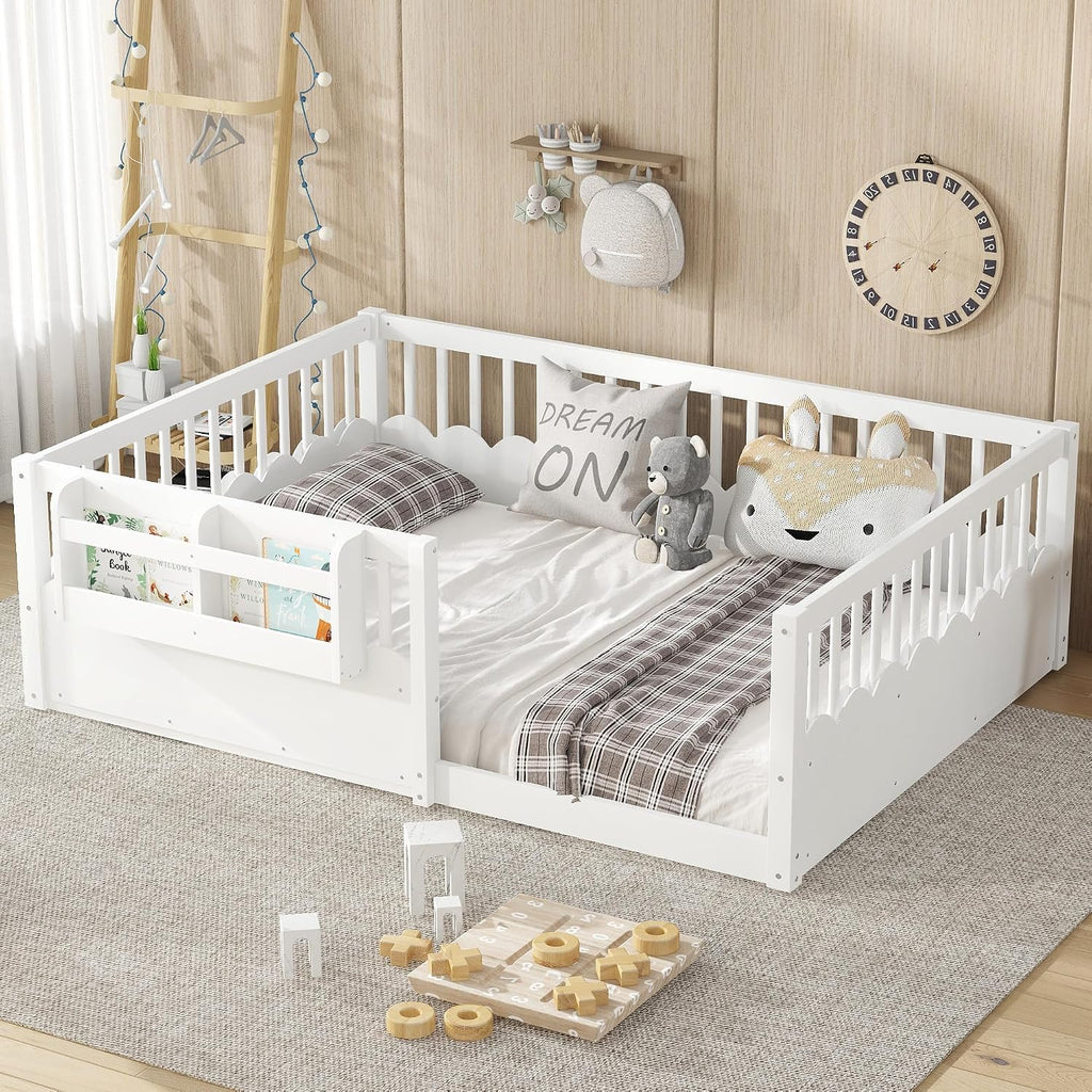 Full Floor Bed with Bookshelf and Safety Guardrail, Full Size Montessori Floor Bed with Fence, Easy Assemble
