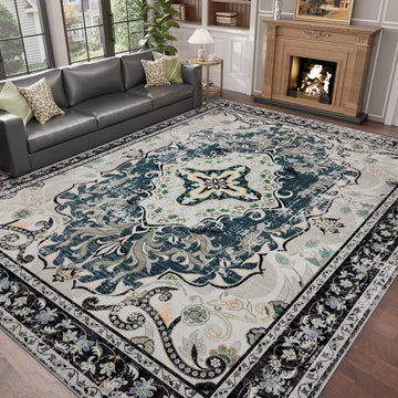 Washable Area Rugs, Non-Slip Boho Vintage Traditional Medallion Print Pattern Carpet Dining Room Farmhouse