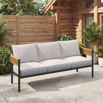 Gand Patio Outdoor 3-Seat Couch Sofa, Wicker Conversation Set with Thick Cushion for Porch, Garden, Yard, Natural