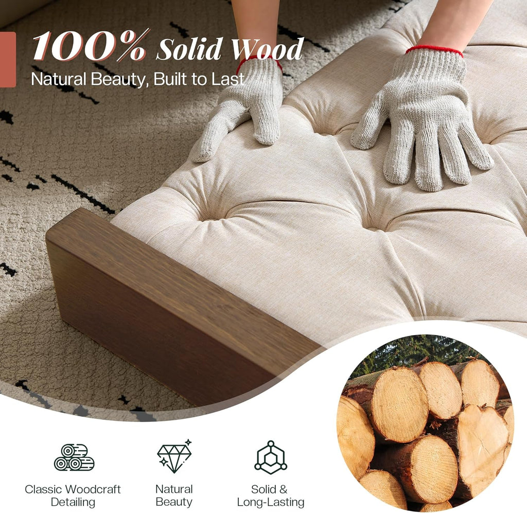 Solid Wood Queen Bed Frame, 57" Tall Farmhouse Platform Beds, Upholstered Line Wingback Headboard, Deep Button