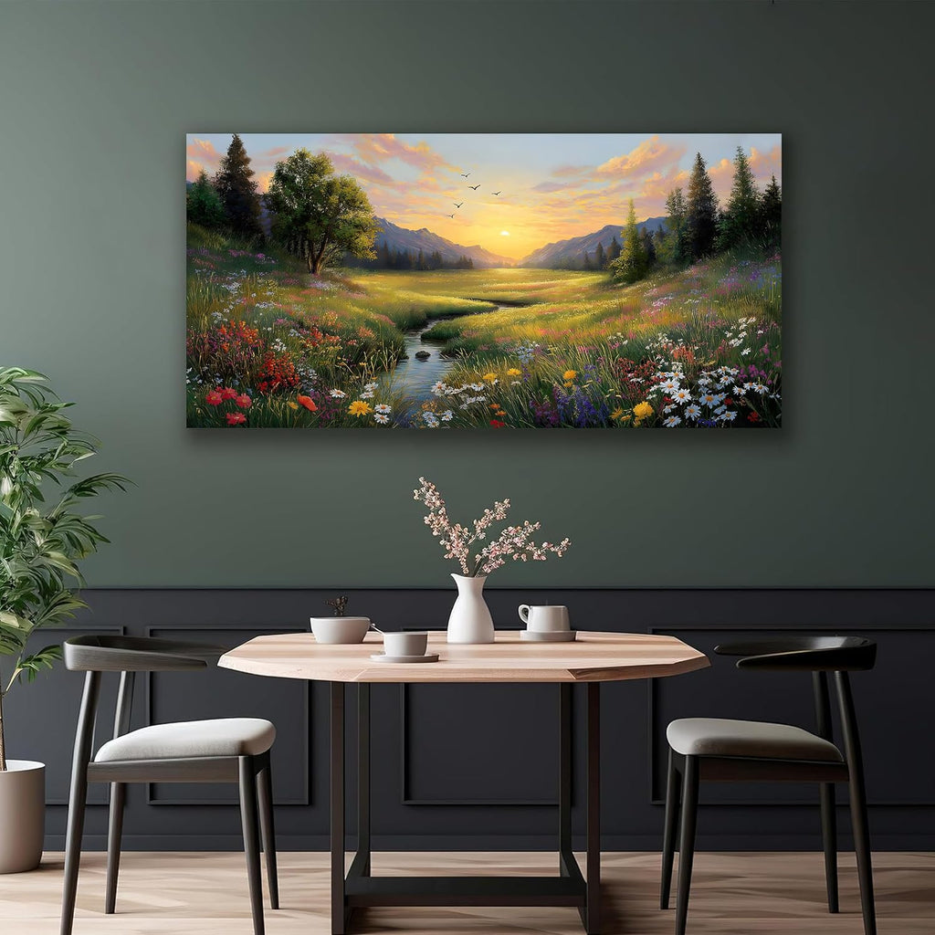 Large Green Landscape Canvas Wall Art Sunset Mountain Wildflowers Canvas Prints Nature Scenery Artwork Office Home