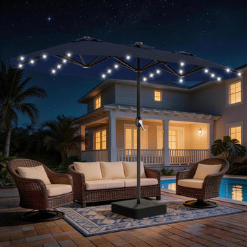 13 FT Patio Umbrella with Solar Lights, Double-Sided Outdoor Table Umbrellas with Crank