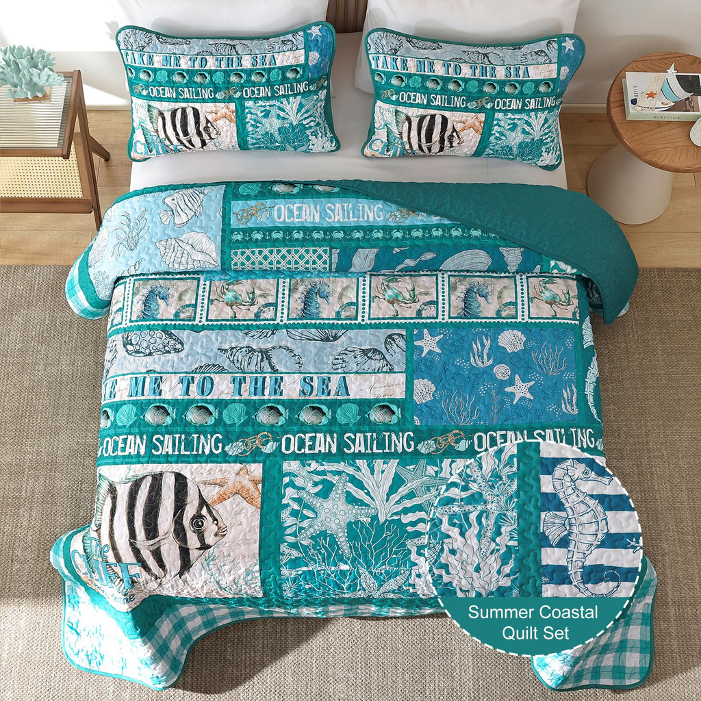 Beach Quilt Set 3 Piece, Summer Coastal Bedspread Coverlet Lightweight Green Ocean Theme Plaid Patchwork