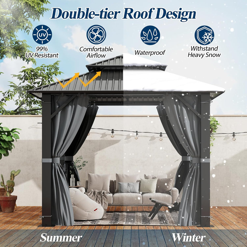 8.5' x 8.5' Outdoor Hardtop Gazebo - Aluminum Heavy-Duty Double Roof Vented Gazebo with Breathable Netting & Privacy