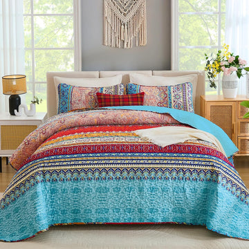Bohemian Quilt Set, Boho Striped Pattern Quilts Bedspread Set for All Season, Soft Microfiber Bedding Coverlet