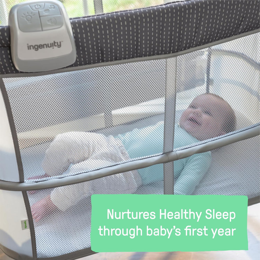 Dream & Grow Bedside Baby Bassinet with AirLoom Mattress, for Ages 0-12 Months, Adjustable Height - Handstitch (Grey)