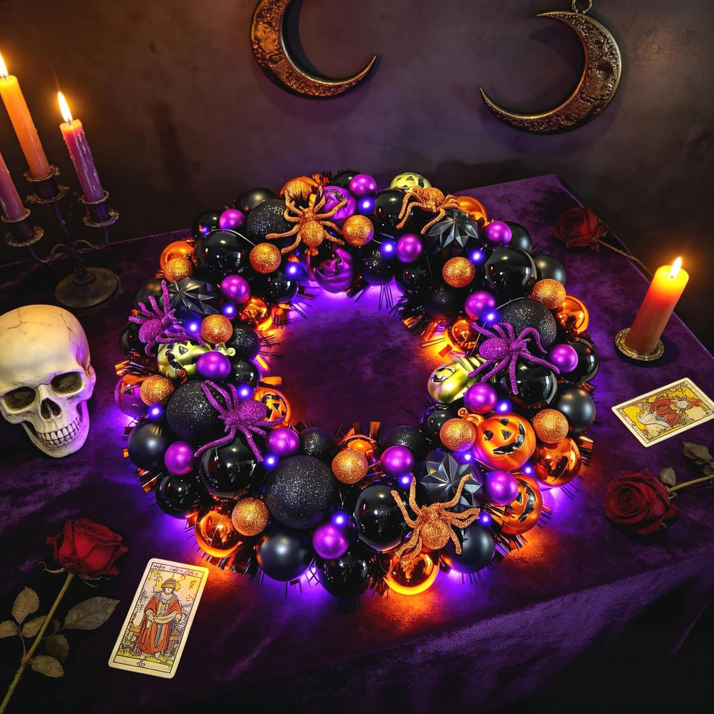 17 Inch Halloween Ball Wreath for Front Door with Lights | Lighted Cute Treat-or-Trick Door Wreath Ball Ornament for