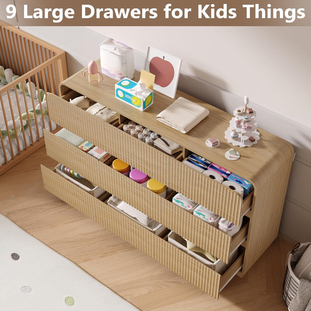 Dresser with 9 Drawers, Fluted Chest of Drawers with Round Curved Corner, Hidden Handles, Modern Wood Storage