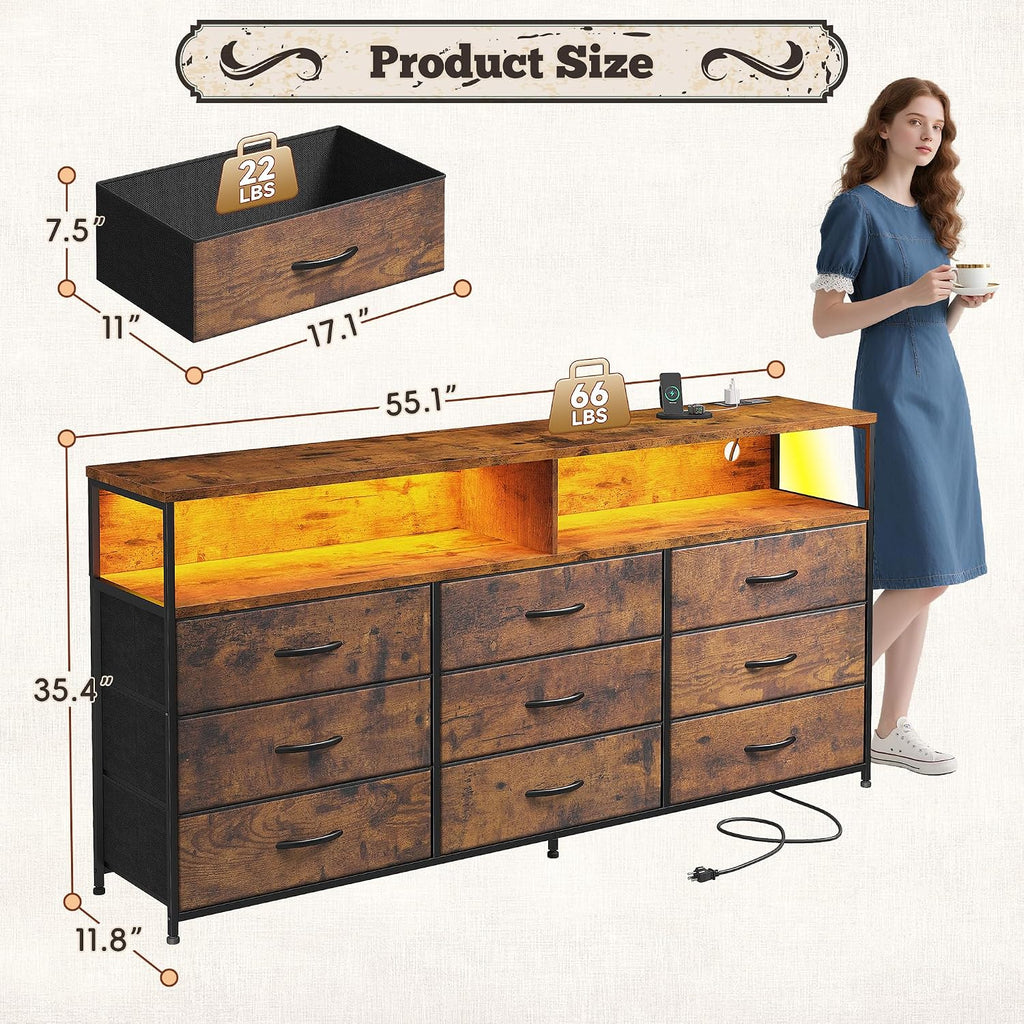 55" W Dresser with 9 Drawers LED TV Stand with Power Outlets for 45, 55, 65 Inch TV Sturdy Long Chest of Drawers with