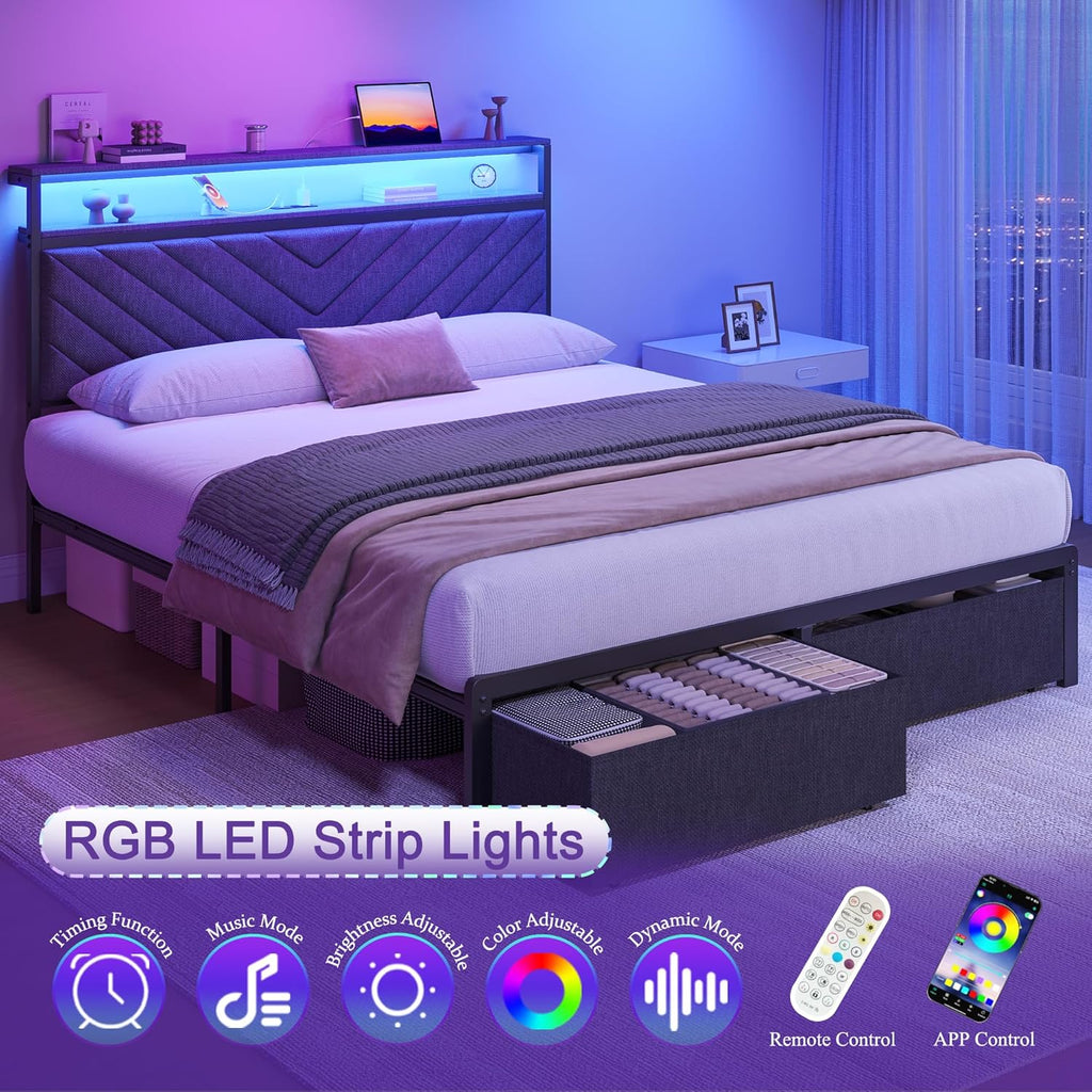 Queen Bed Frame with 2 Drawers, Upholstered Headboard with Storage and Charging Station, LED Lights