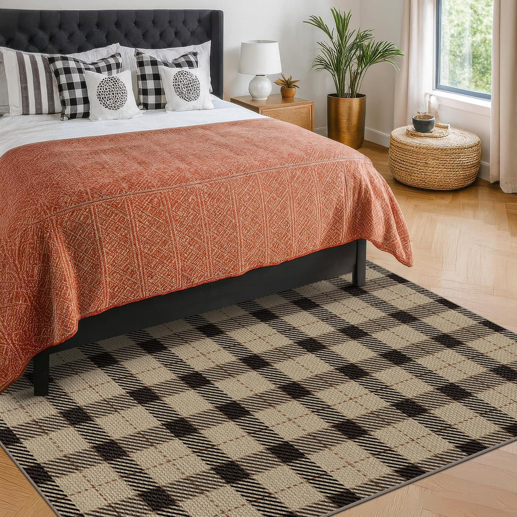 Easy Jute Area Rug 5x7, Black & Tan Plaid Rug, Washable Indoor Outdoor Farmhouse Rug & Covered Porch, Low Pile Non Slip