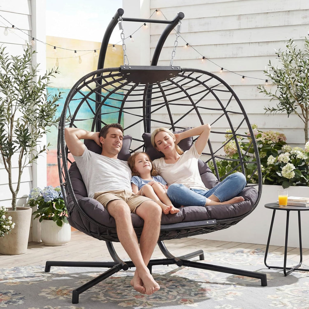 Double Egg Swing Chair with Stand, Oversized 2-Person Indoor Outdoor Hanging Hammock Chairs with Cushion, Wide and