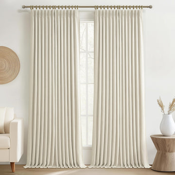 Extra Wide Pinch Pleated Blackout 102 Inch Long Curtains, Memory Trained Cream Thermal Sound Dampening Double Layer