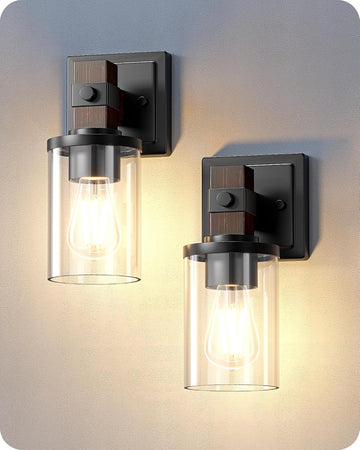 Wall Sconces Set of 2, Farmhouse Vanity Light Fixtures with Clear Glass Shade & Dark Brown Wood Grain Paint, 1-Light