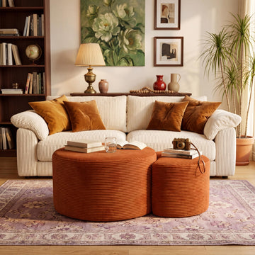 Nesting Coffee Table Set of 2, Corduroy Ottoman Soft Foot Rest Movable LargePouf Footstool Sofa Couch Bedroom Entryway