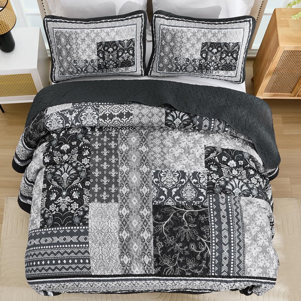 Boho Quilt Queen Set, 3 Pcs Black Patchwork Bedspread Set