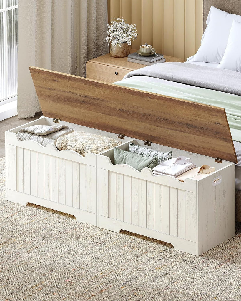 59" Lift Top Storage Bench, 268L/70Gal FSC Wood Chest | | Retro White | 330lb Seating | Double Hinges | Bedroom
