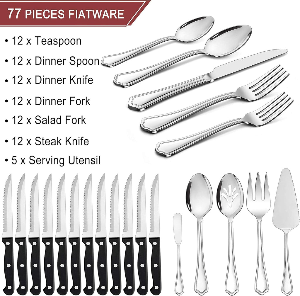 77-Piece Silverware Flatware Set for 12, Plus Steak Knives and Serving Utensils, Stainless Steel Flatware Cutlery Set